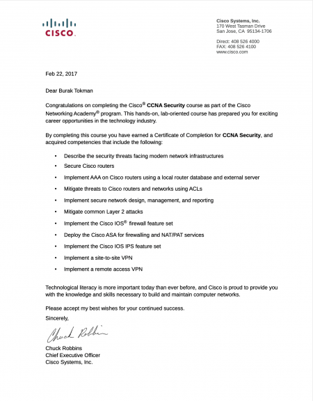 Cisco CCNA Security Letter